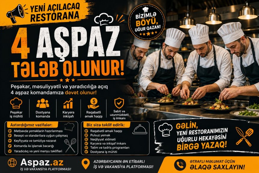 Yeni Açılacaq Restorana 4 Aşpaz Tələb Olunur